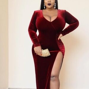 Plus Size Fashion Nova Elegant Burgundy Velvet Dress